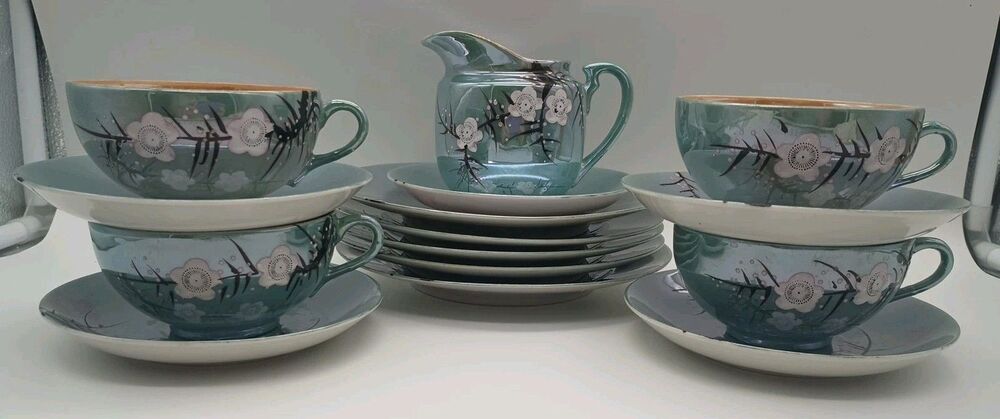 Lusterware Teal Green Peach Tea Cups Saucers Creamer Plate Cherry Blossom 15 Pc